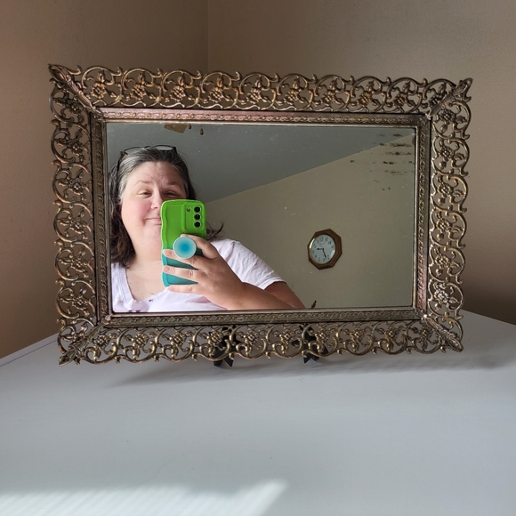 Vintage Ornate Openwork Brass Tone Metal Mirrored Vanity Tray - Picture 8 of 16